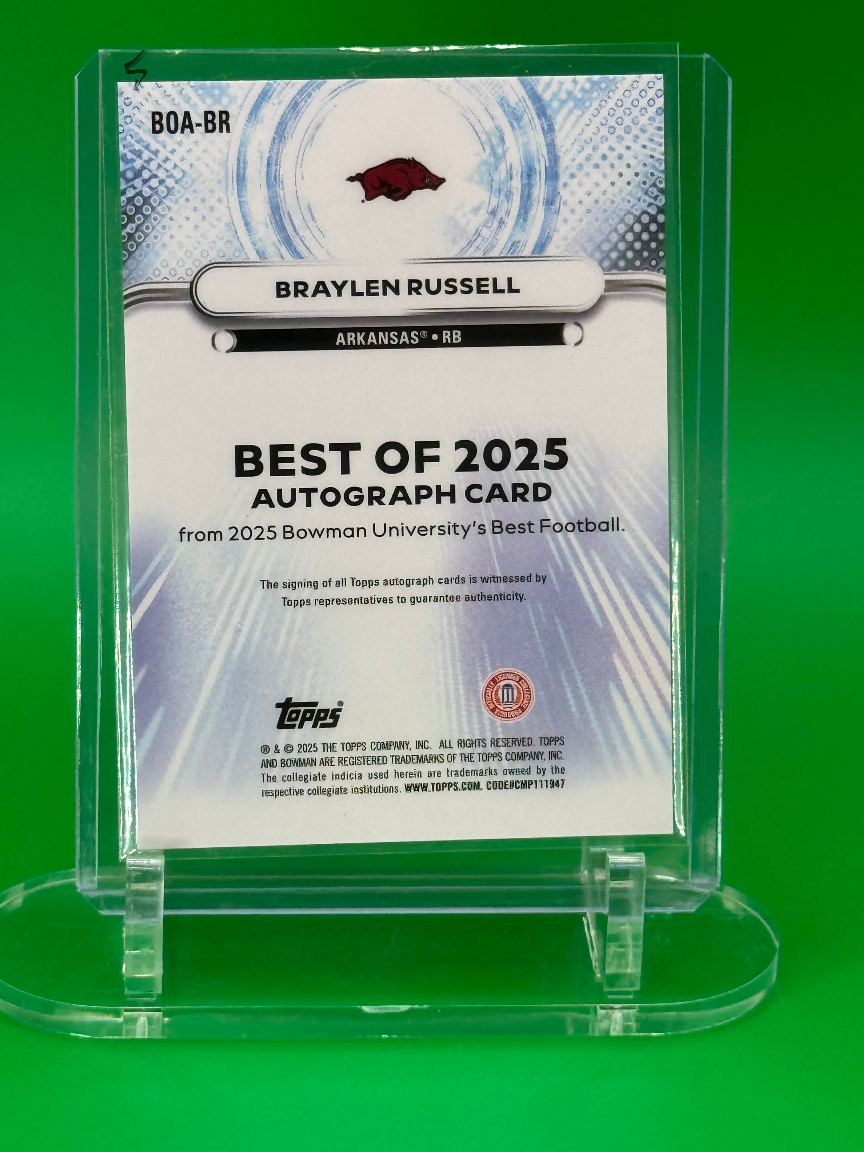 2025 Bowman Best U Brailen Russell Auto Refractor Arkansas Razorbacks