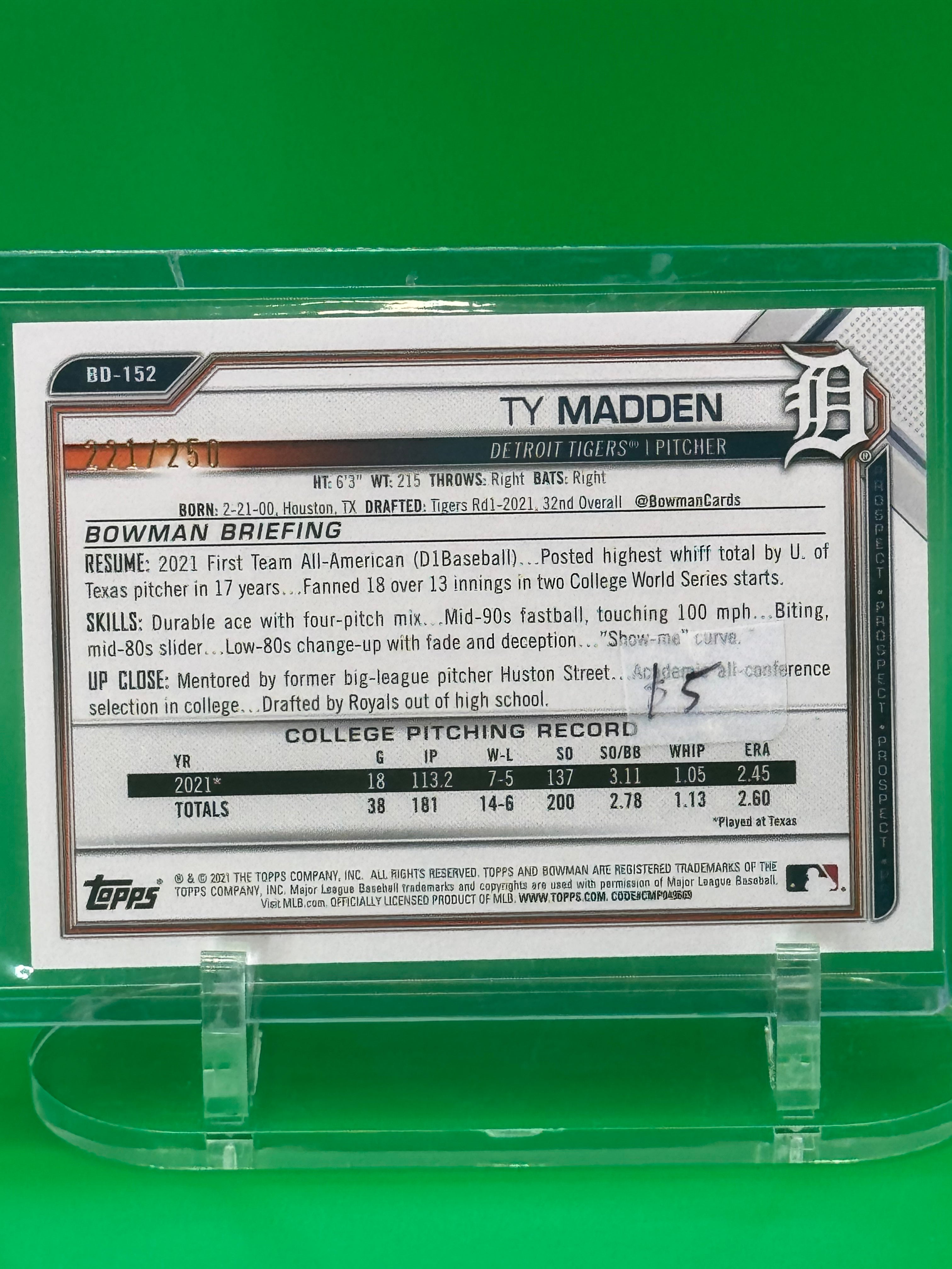 2021 Bowman Ty Madden Purple Parallel #221/250 Detroit Tigers