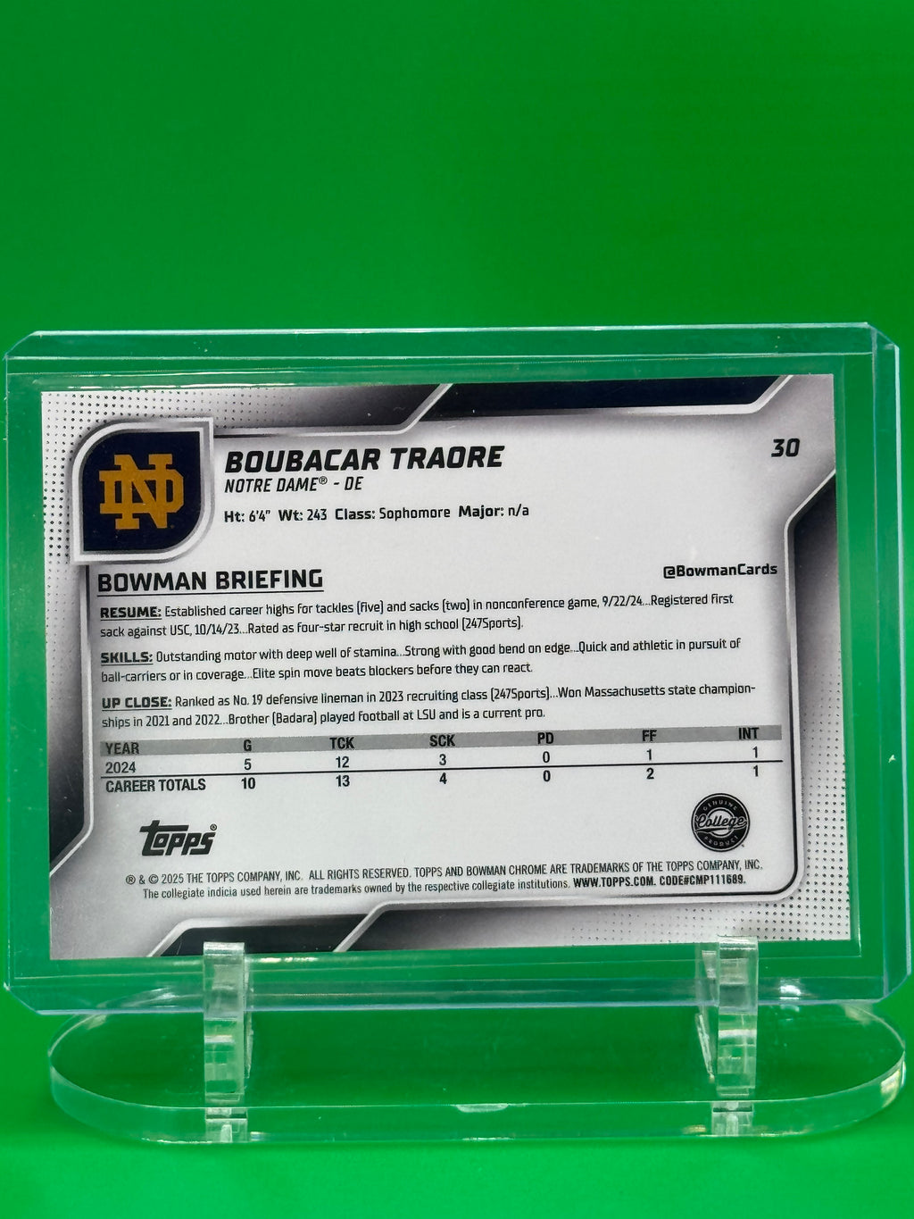 2025 Bowman Chrome University Boubacar Traore Gold Refractor #6/50 Notre Dame Fighting Irish
