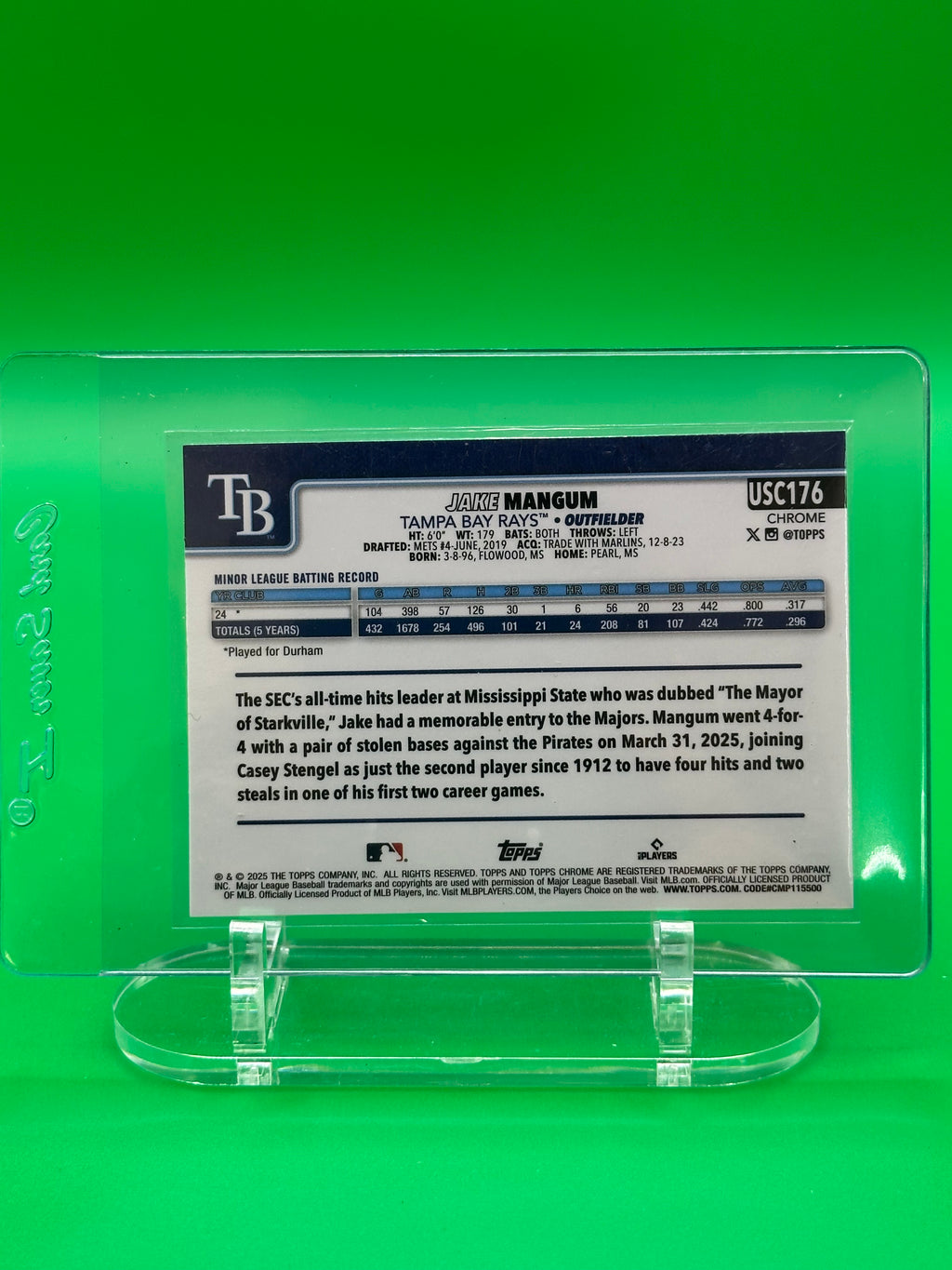 Jake Mangum 2025 Topps Chrome Prism Refractor RC Rookie Baseball Card