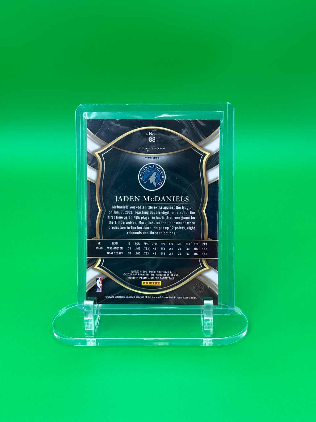2021 Panini Select Jaden McDaniels Concourse Blue, Black, & Pink Crackle Parallel Rookie RC Minnesota Timberwolves