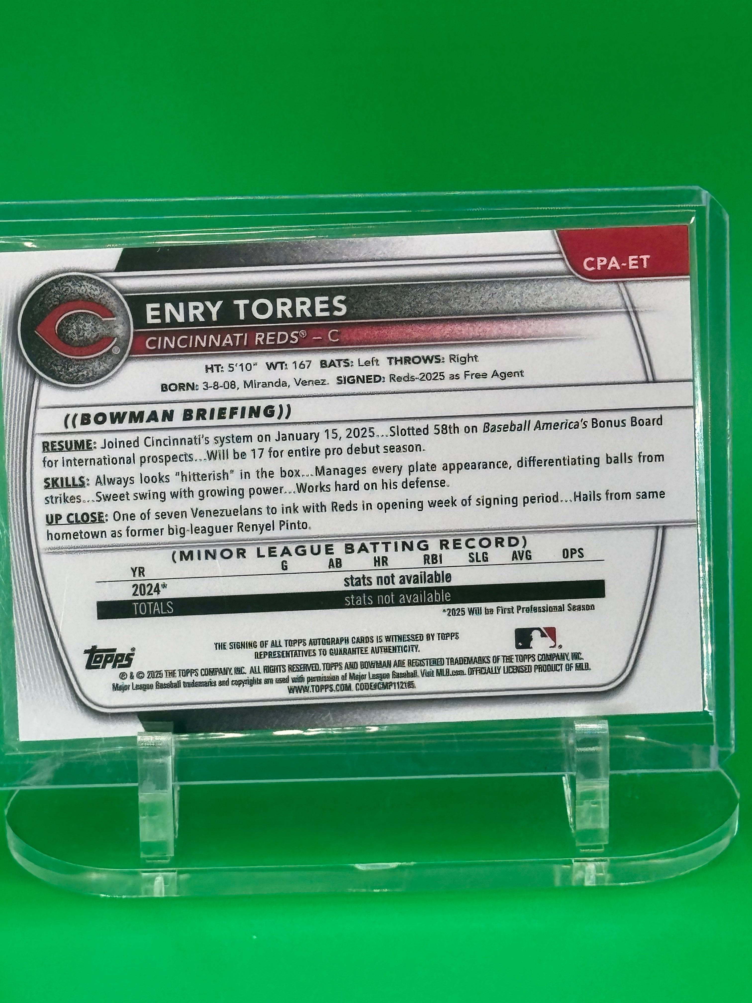 2025 Bowman Chrome Enry Torres First Bowman Auto #141/199 Cincinnati Reds