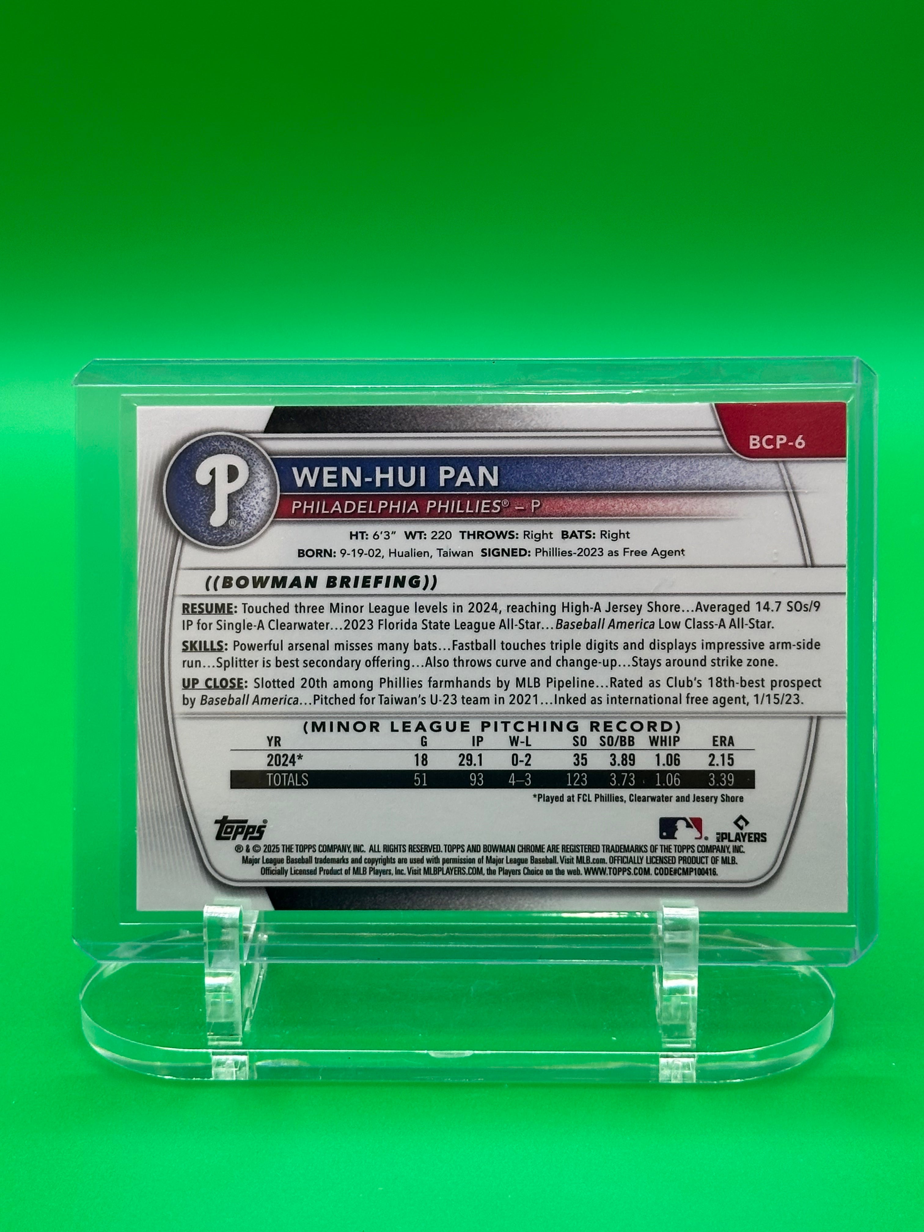 Wen-Hui Pan 2025 Bowman Chrome Purple Refractor #67/250 Baseball Card