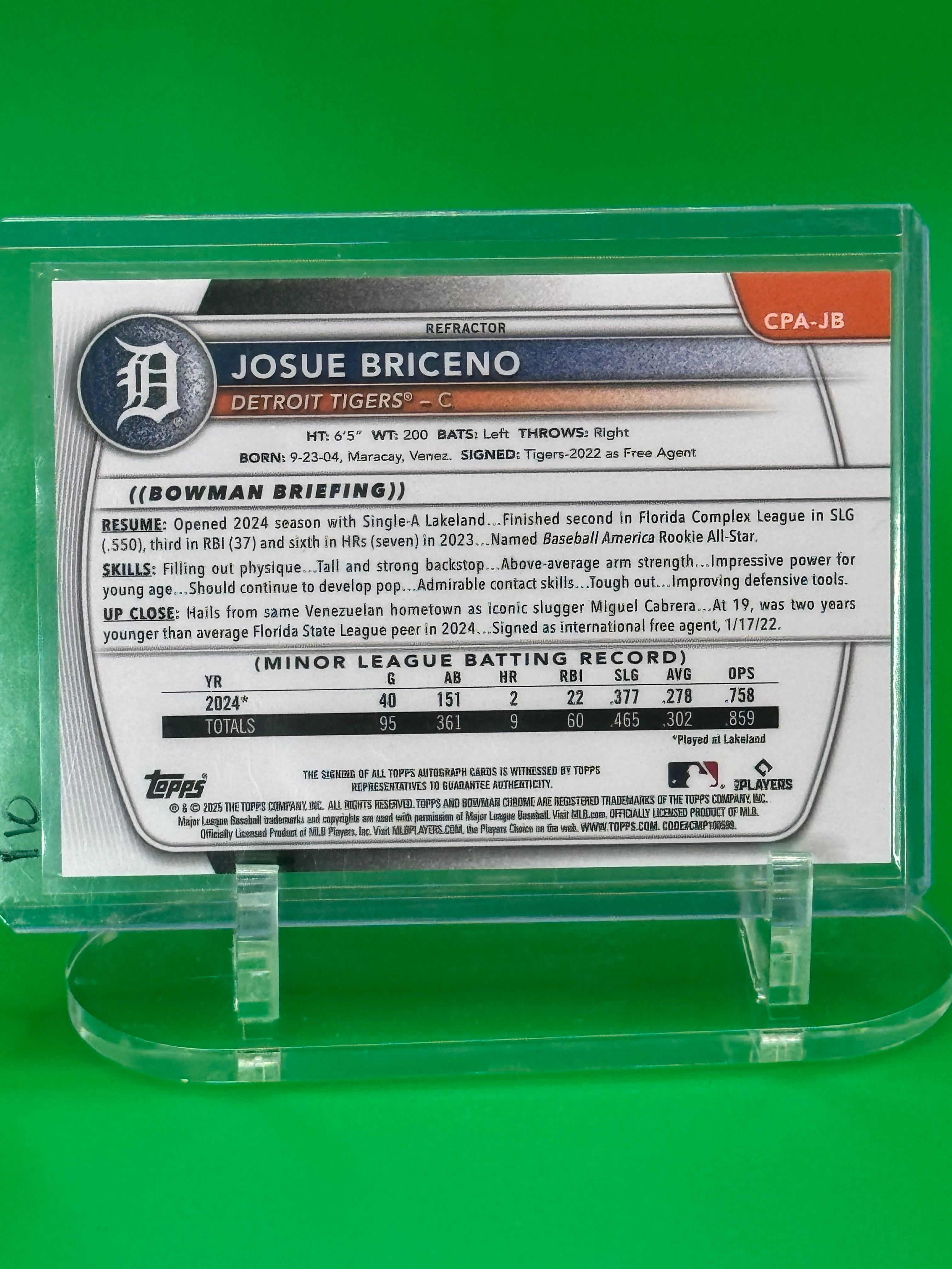 2025 Bowman Chrome 1st Bowman JOSUE BRICENO Auto Refractor /499 Detroit Tigers Prospect
