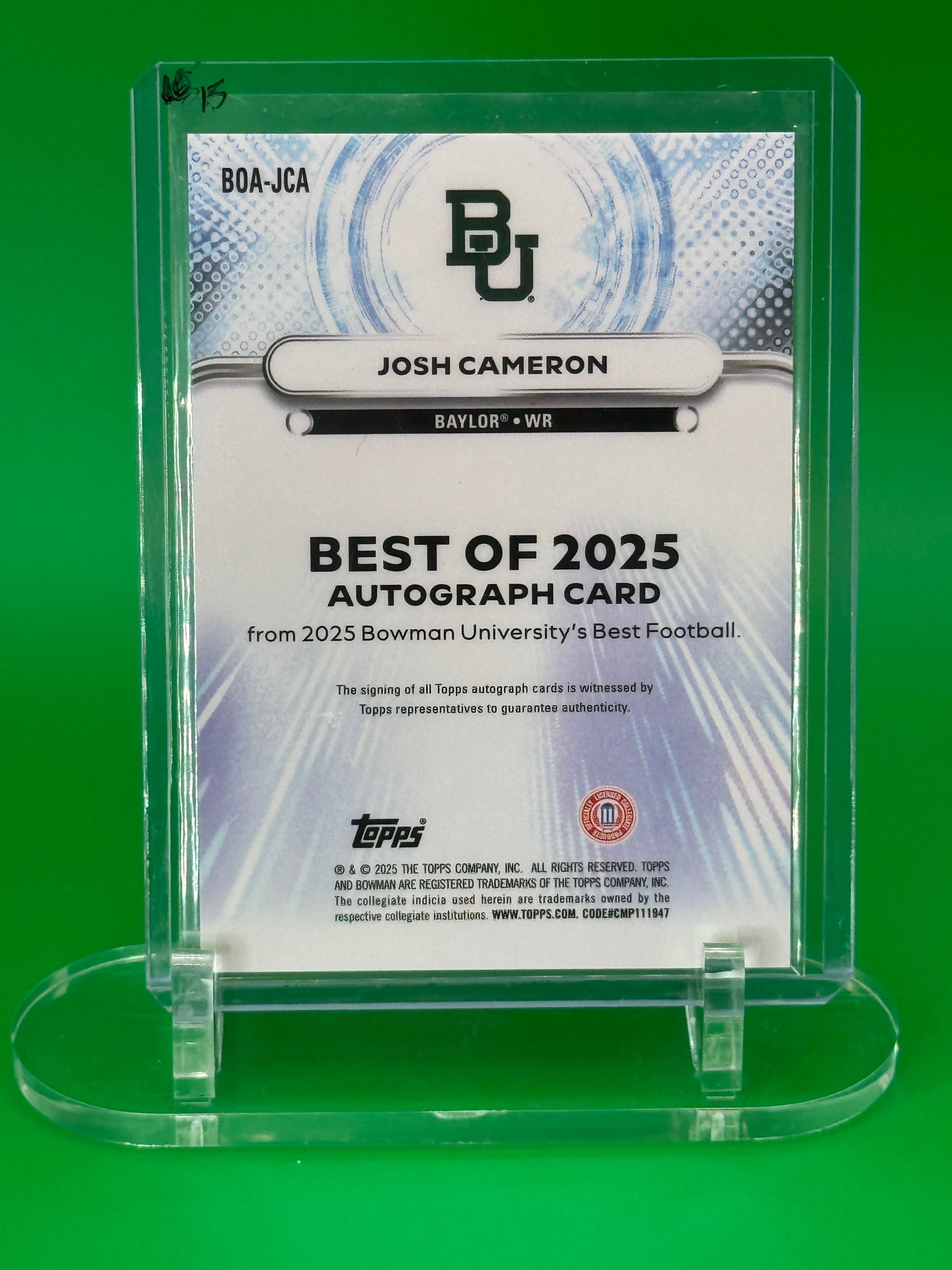 2025 Bowman Best U Josh Cameron Purple Refractor Auto 44/75 Baylor Bears