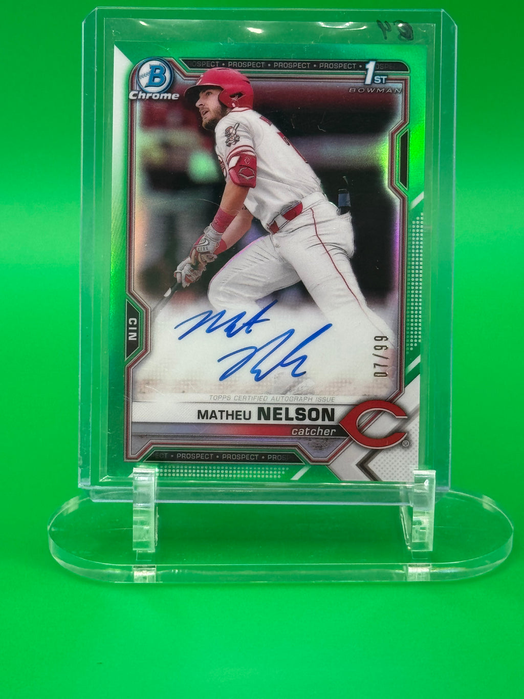 2021 Bowman Chrome 1st MATHEU NELSON Green Refractor Auto /99 Cincinnati Reds #07/99