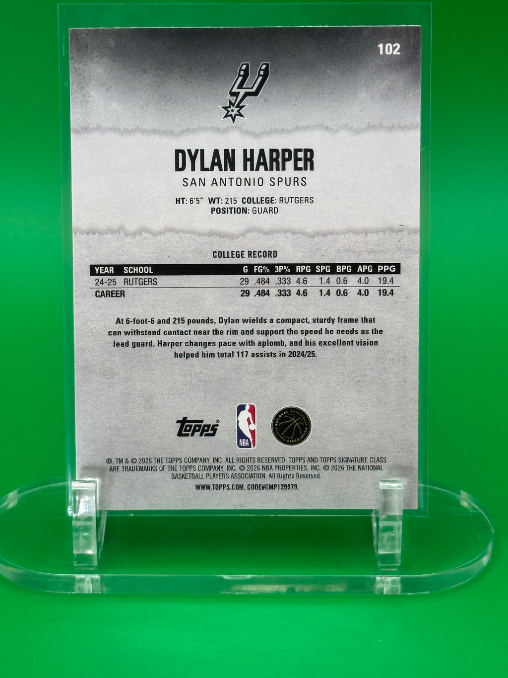 DYLAN HARPER 2025 TOPPS SIGNATURE CLASS ROUND 1 PICK 2 ROOKIE SAN ANTONIO SPURS