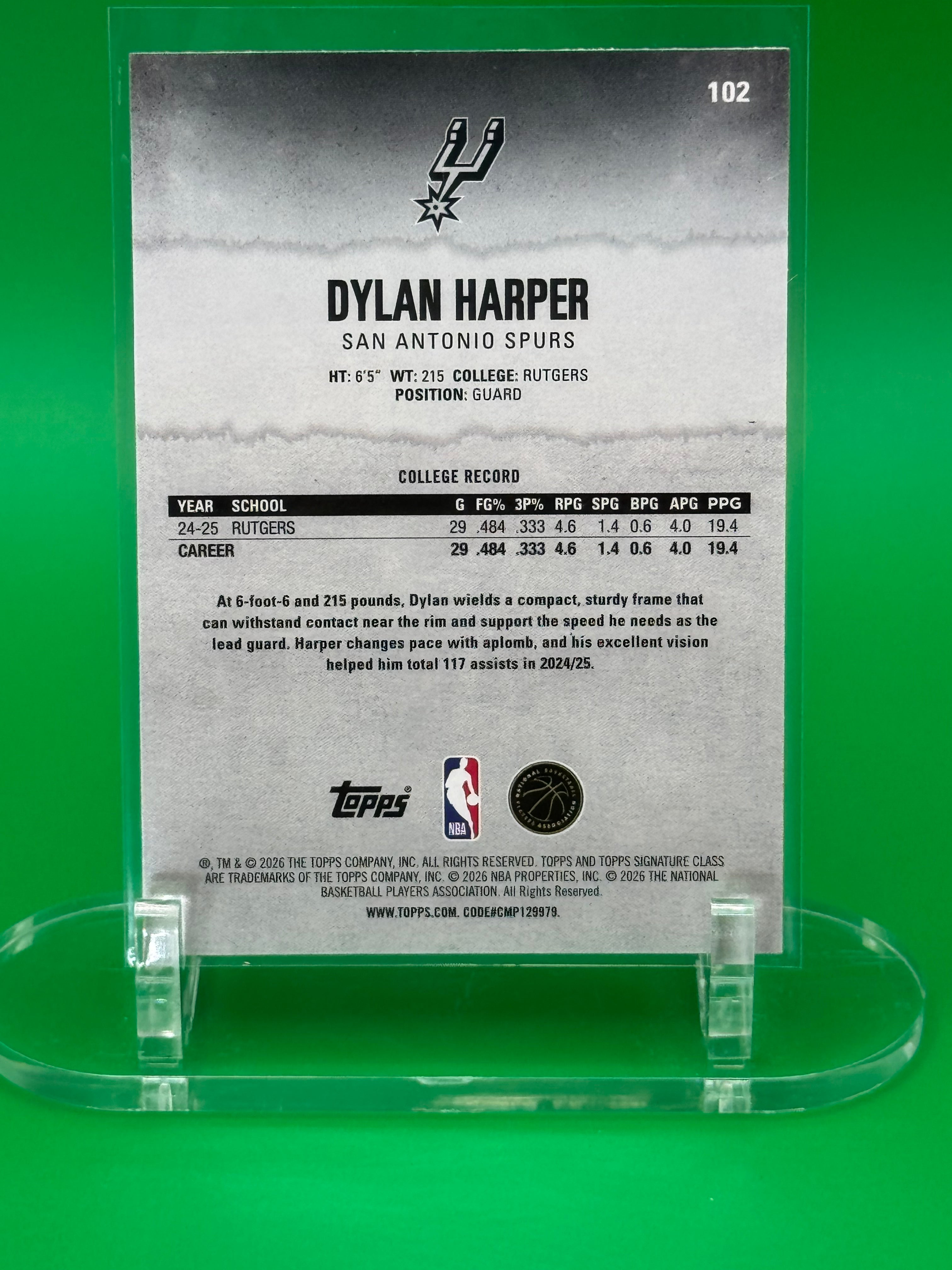 DYLAN HARPER 2025 TOPPS SIGNATURE CLASS ROUND 1 PICK 2 ROOKIE SAN ANTONIO SPURS