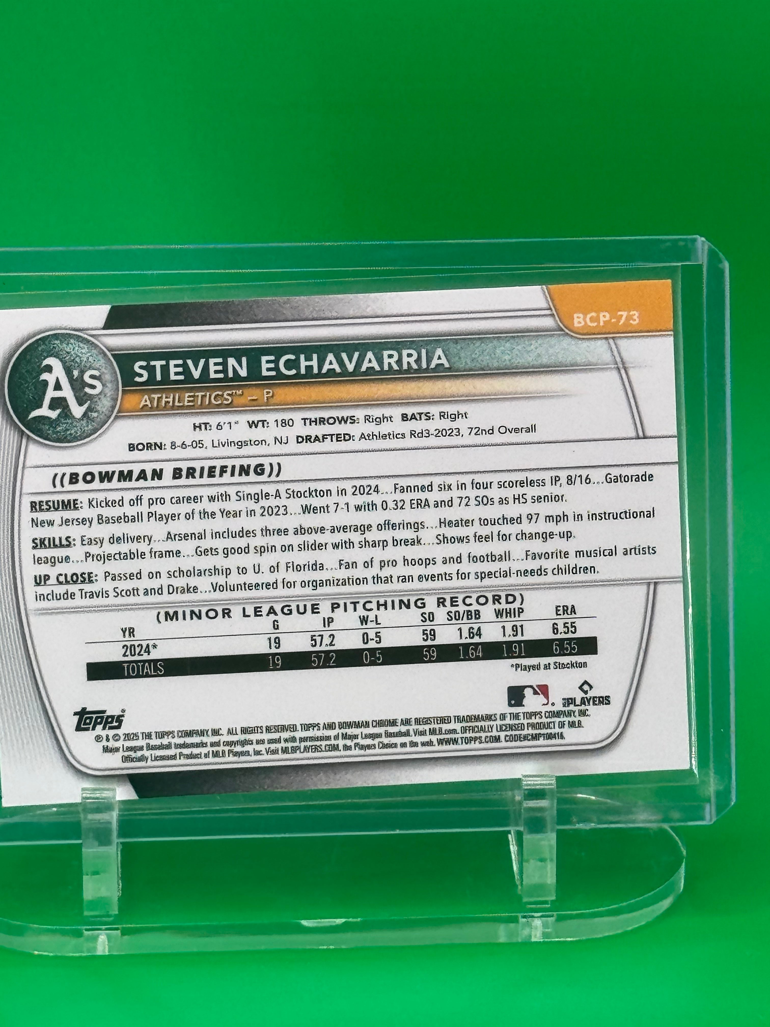 2025 Bowman Chrome Steven Echavarria Purple Refractor First Bowman #45/250 Athletics