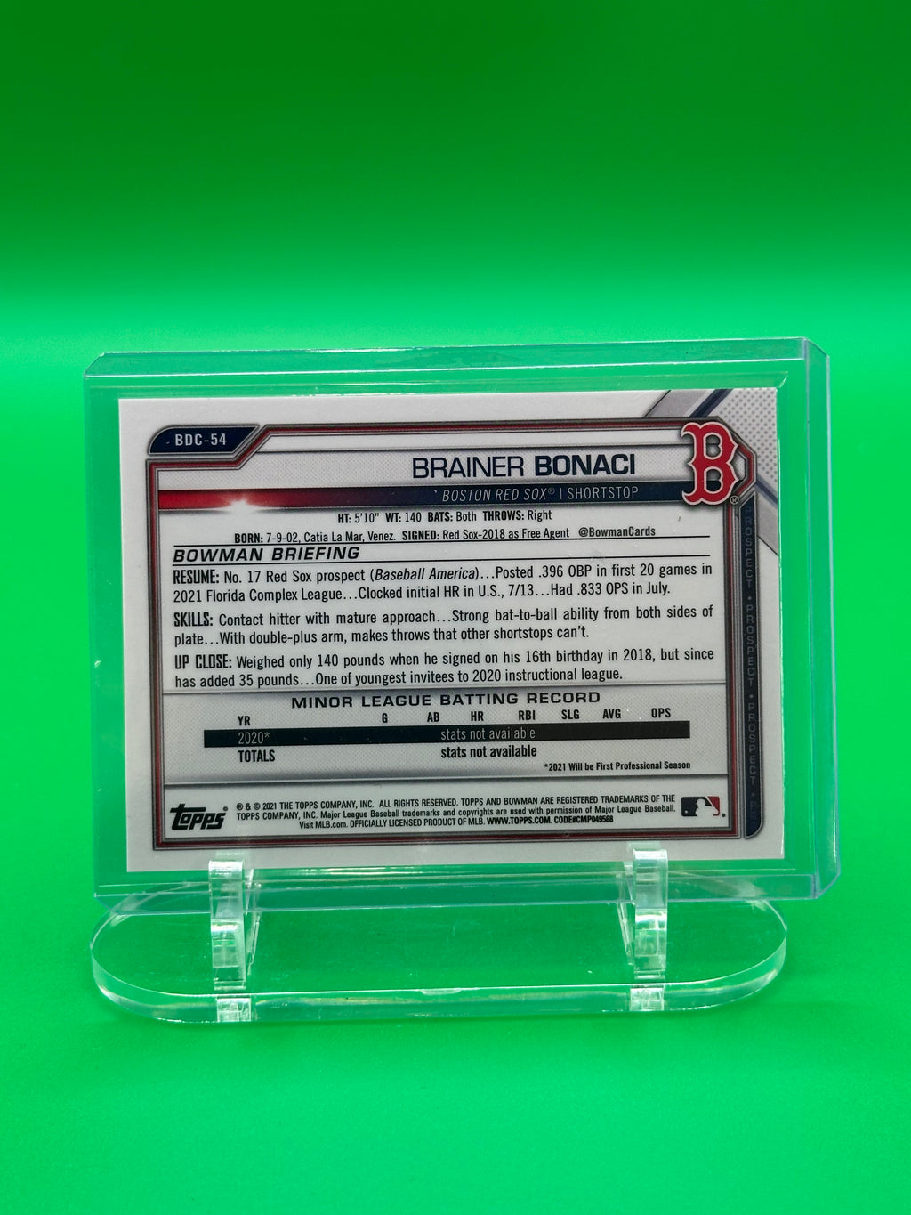 Brainer Bonaci 2021 Bowman Chrome Aqua Lava Refractor #55/199 Baseball Card