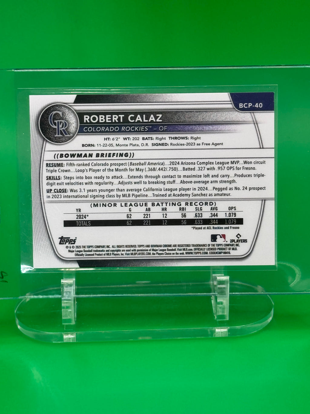 2025 Bowman Chrome ROBERT CALAZ Mojo Refractor /50 Colorado Rockies Prospect