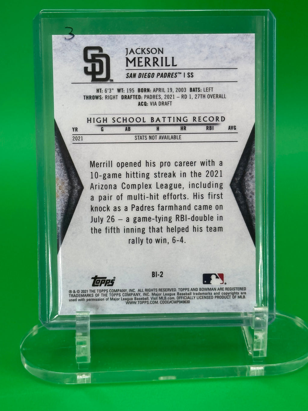 2021 Bowman InVicta JACKSON MERRILL Insert Prospect Card San Diego Padres