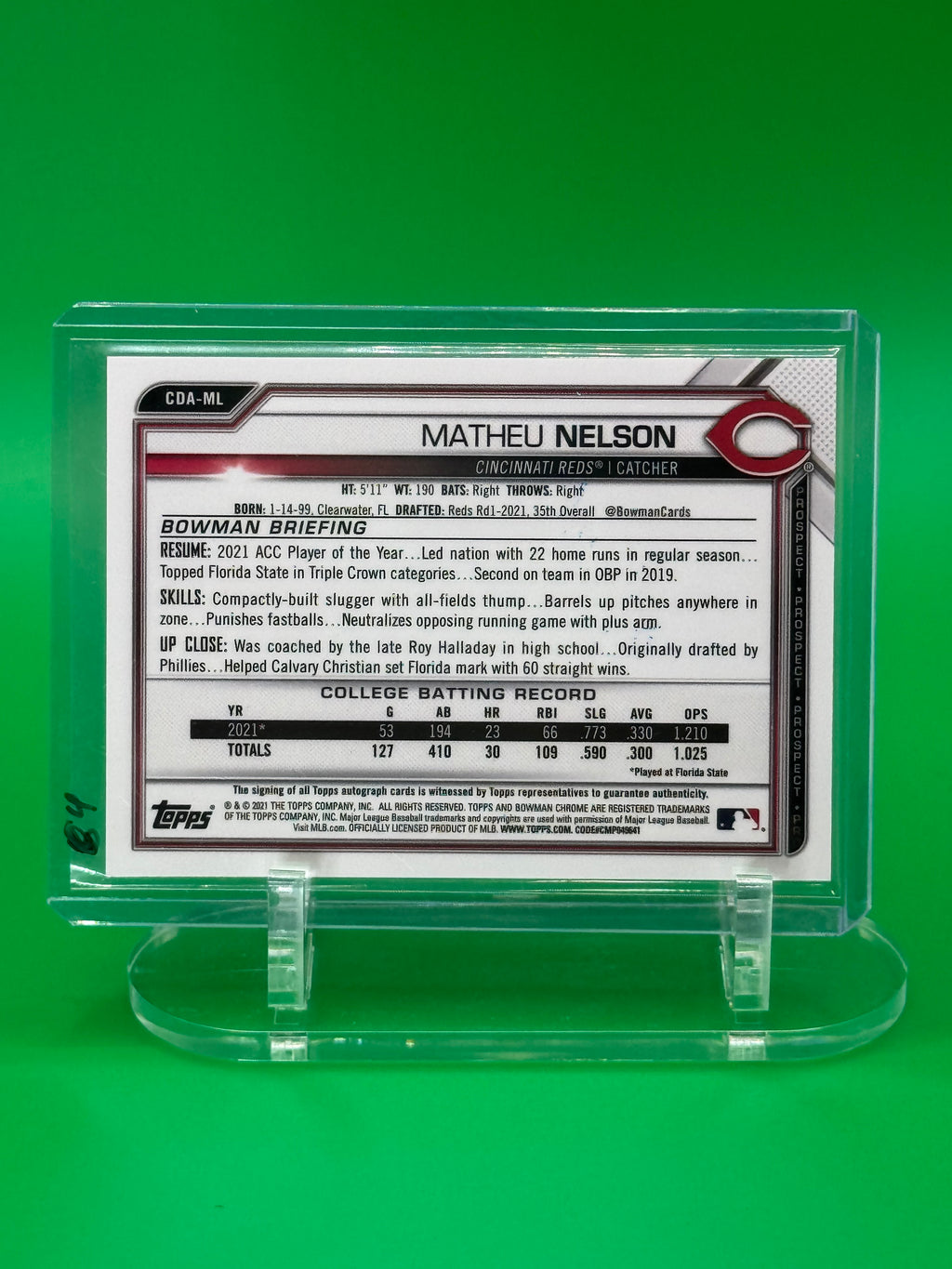 2021 Bowman Chrome 1st MATHEU NELSON Green Refractor Auto /99 Cincinnati Reds #07/99