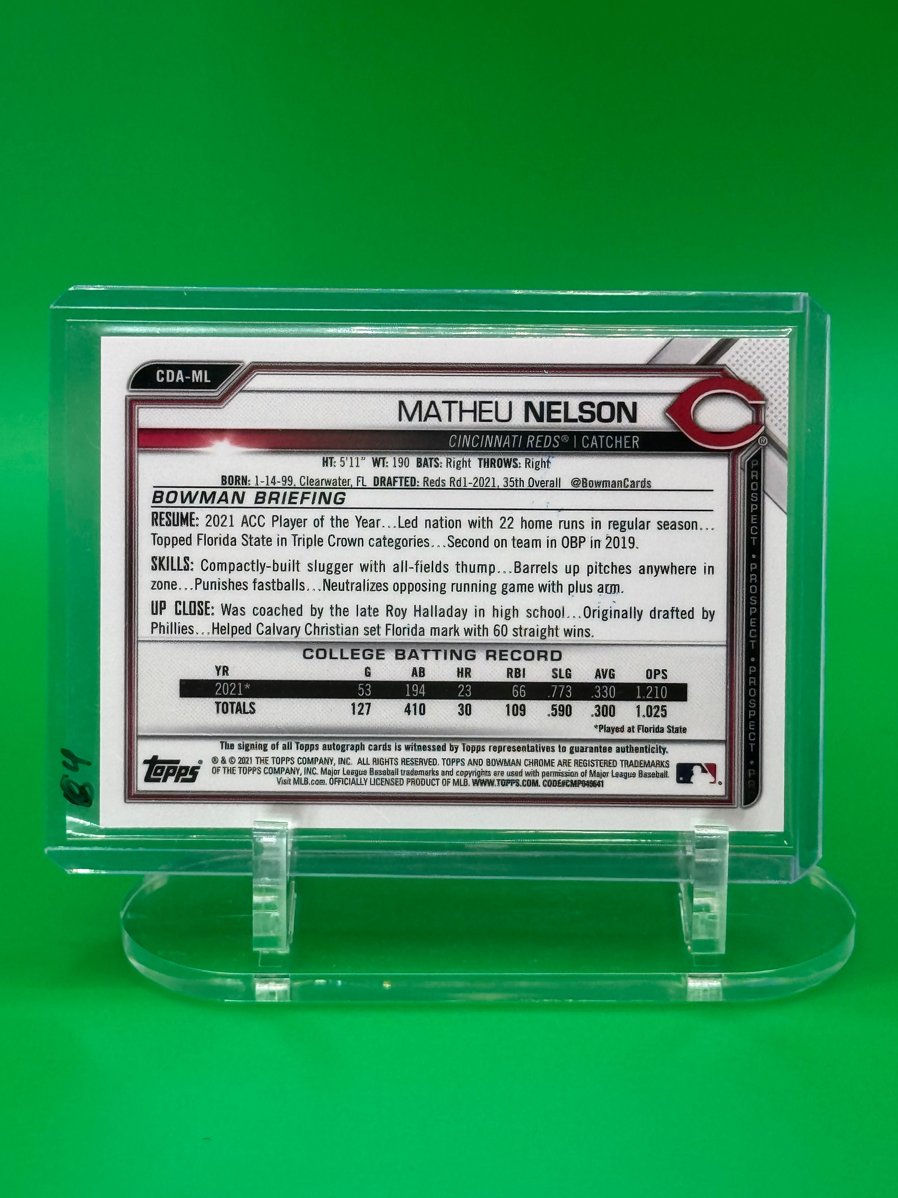 2021 Bowman Chrome 1st MATHEU NELSON Green Refractor Auto /99 Cincinnati Reds #07/99