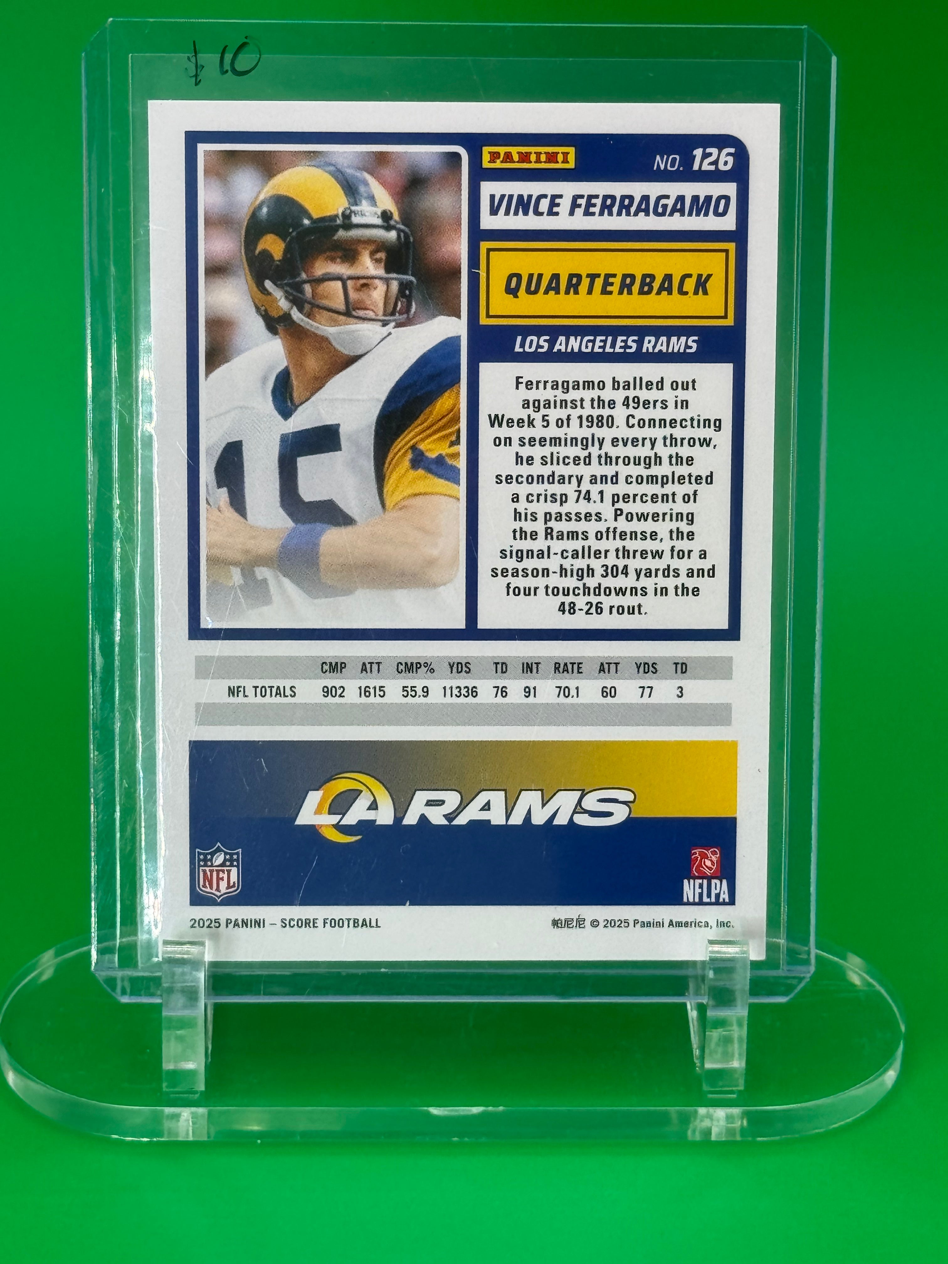 2025 Panini Score Vince Ferragamo Spiderweb Parallel 14/31 Los Angeles Rams