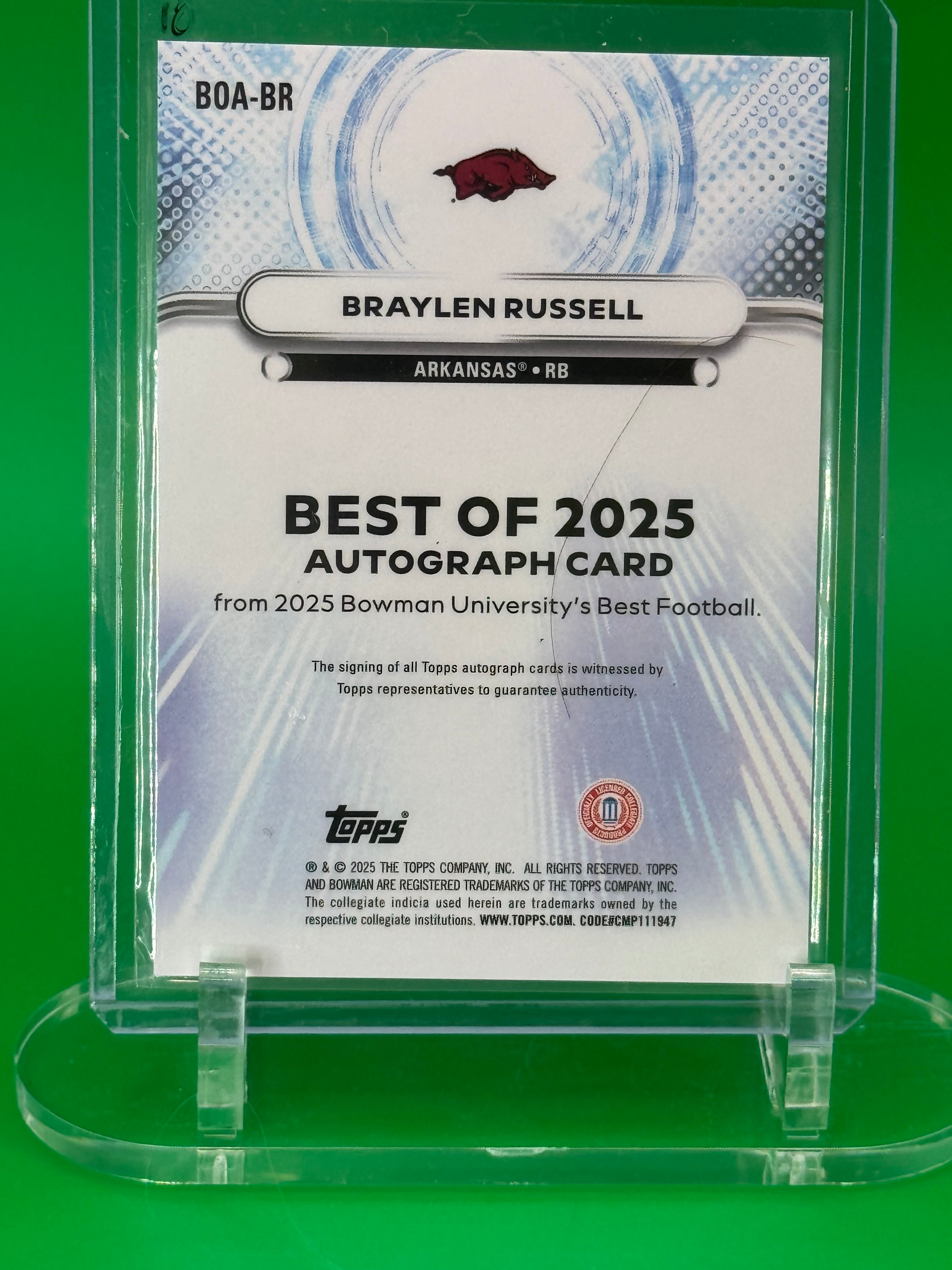 2025 Bowman Best U Brailen Russell Blue Refractor Auto 86/150 Arkansas Razorbacks