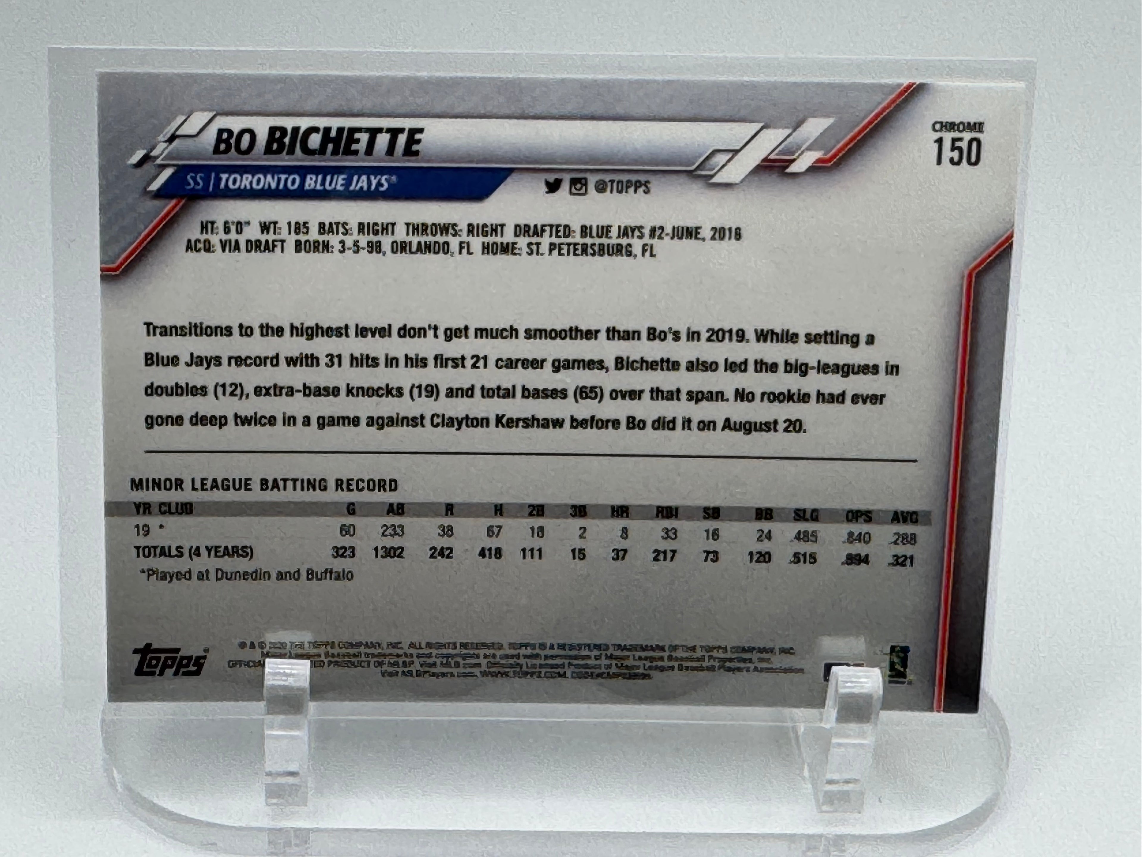 2020 Bo Bichette Topps Chrome Rookie Card Refractor Toronto Blue Jays RC