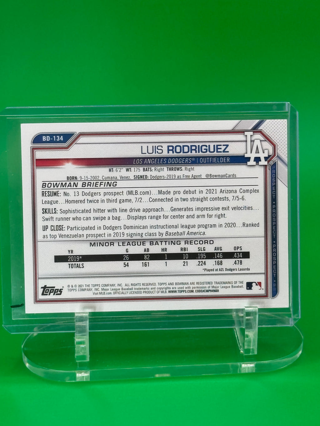 2021 Bowman LUIS RODRIGUEZ Aqua Foil /199 Dodgers Prospect Card #173/199