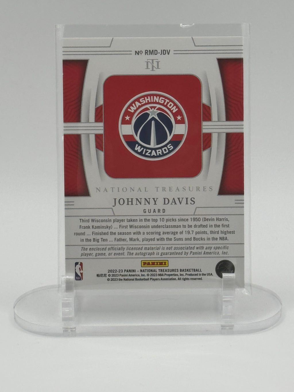 2022-23 Panini National Treasures Johnny Davis RC Auto Jersey /99 Rookie Patch Auto RPA Wizards