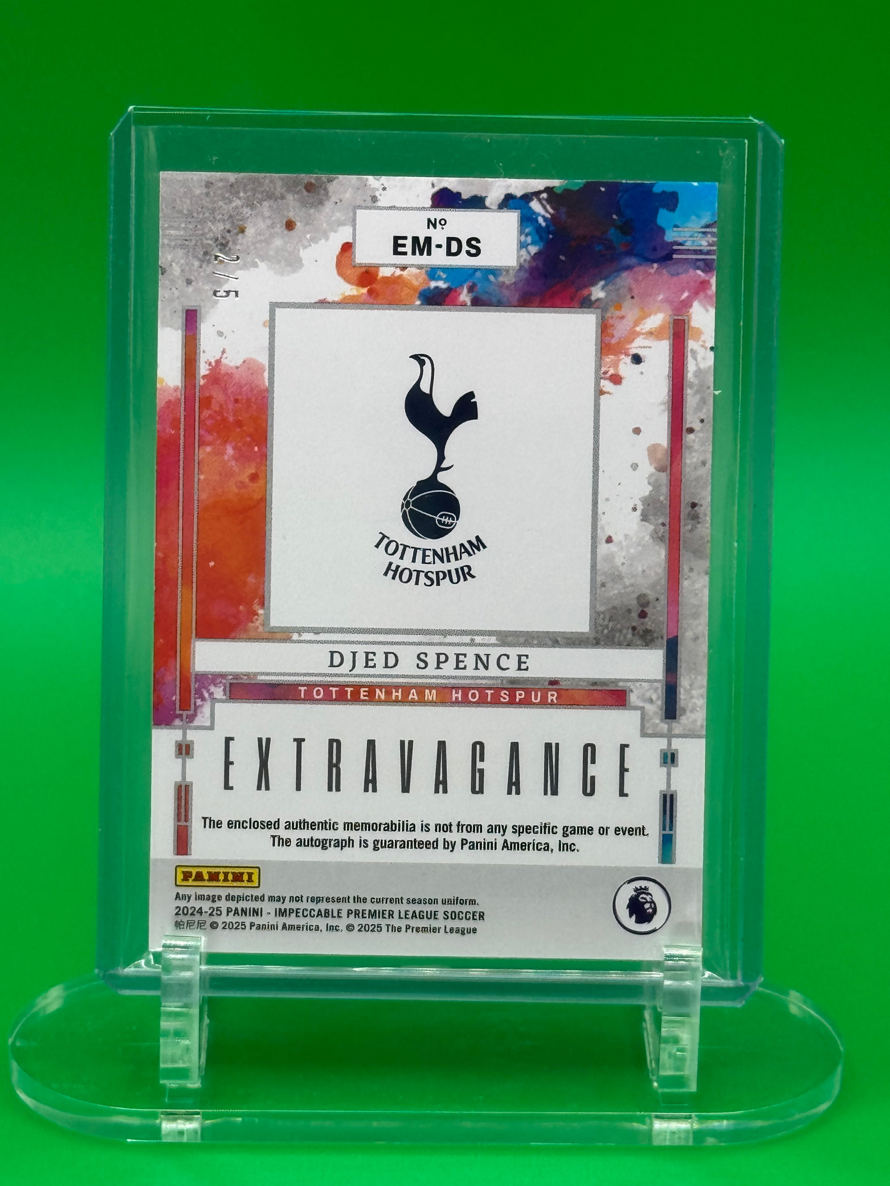 2024-25 Panini Impeccable Soccer Djed Spence Extravagance Patch Auto /5 Tottenham Hotspur
