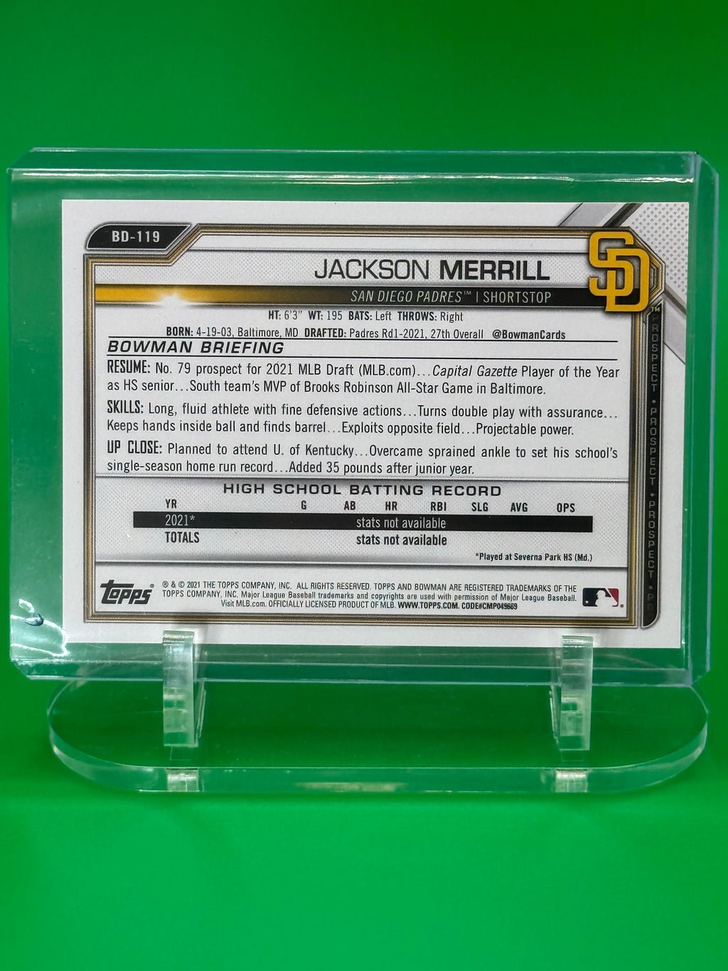 2021 Bowman 1st JACKSON MERRILL San Diego Padres Prospect