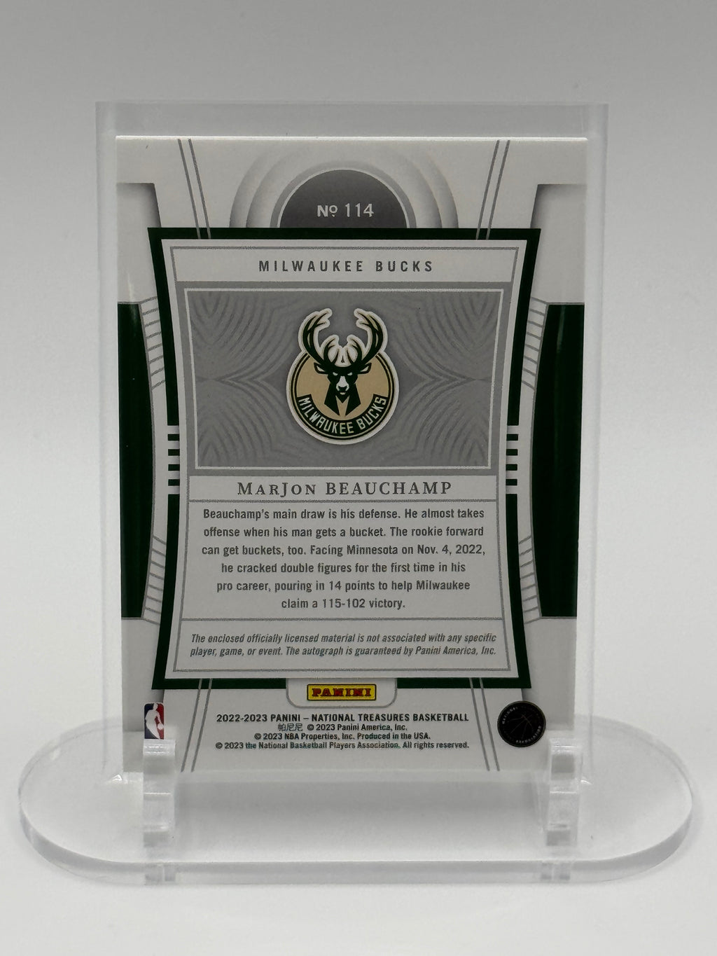 National Treasures 2023🏀 MarJon Beauchamp RC Patch Auto /75 Milwaukee Bucks Rookie Card Autograph