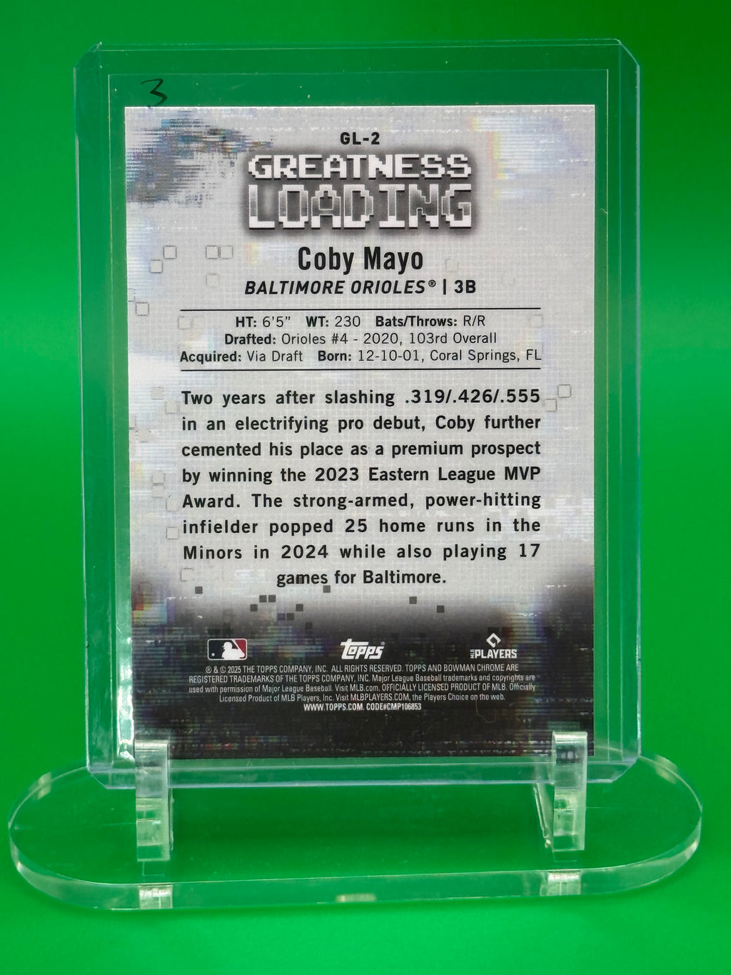 2025 Bowman Chrome COBY MAYO Greatness Loading Refractor Orioles Rookie Insert