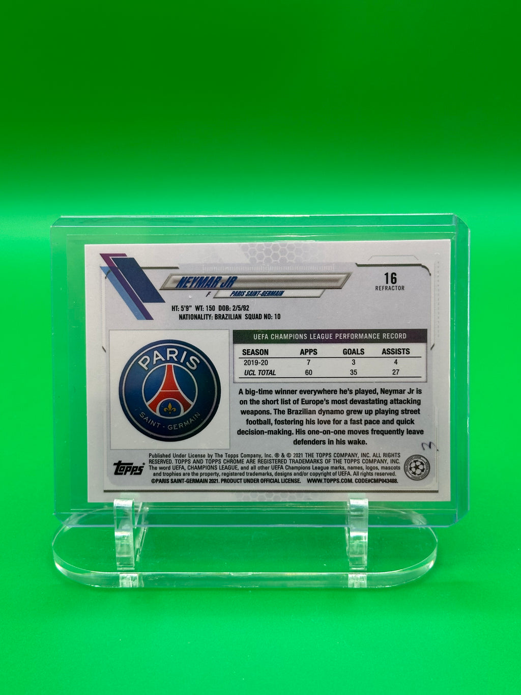 Neymar Jr 2021 Topps Chrome UEFA Champions League Refractor Soccer Card