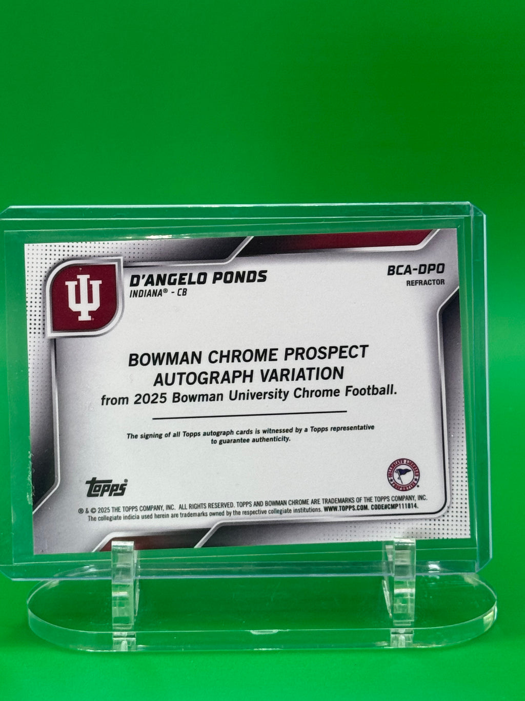 2025 Bowman Chrome University D’Angelo Ponds Auto Refractor #156/299 Indiana Hoosiers