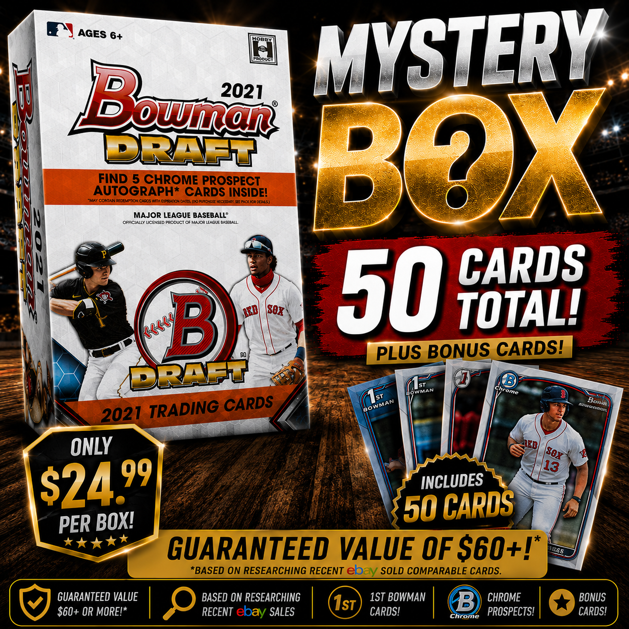 2021 Bowman Draft Mystery Box | 50 Cards + Bonus Cards | 1st Bowman & Chrome Prospects | Baseball Cards