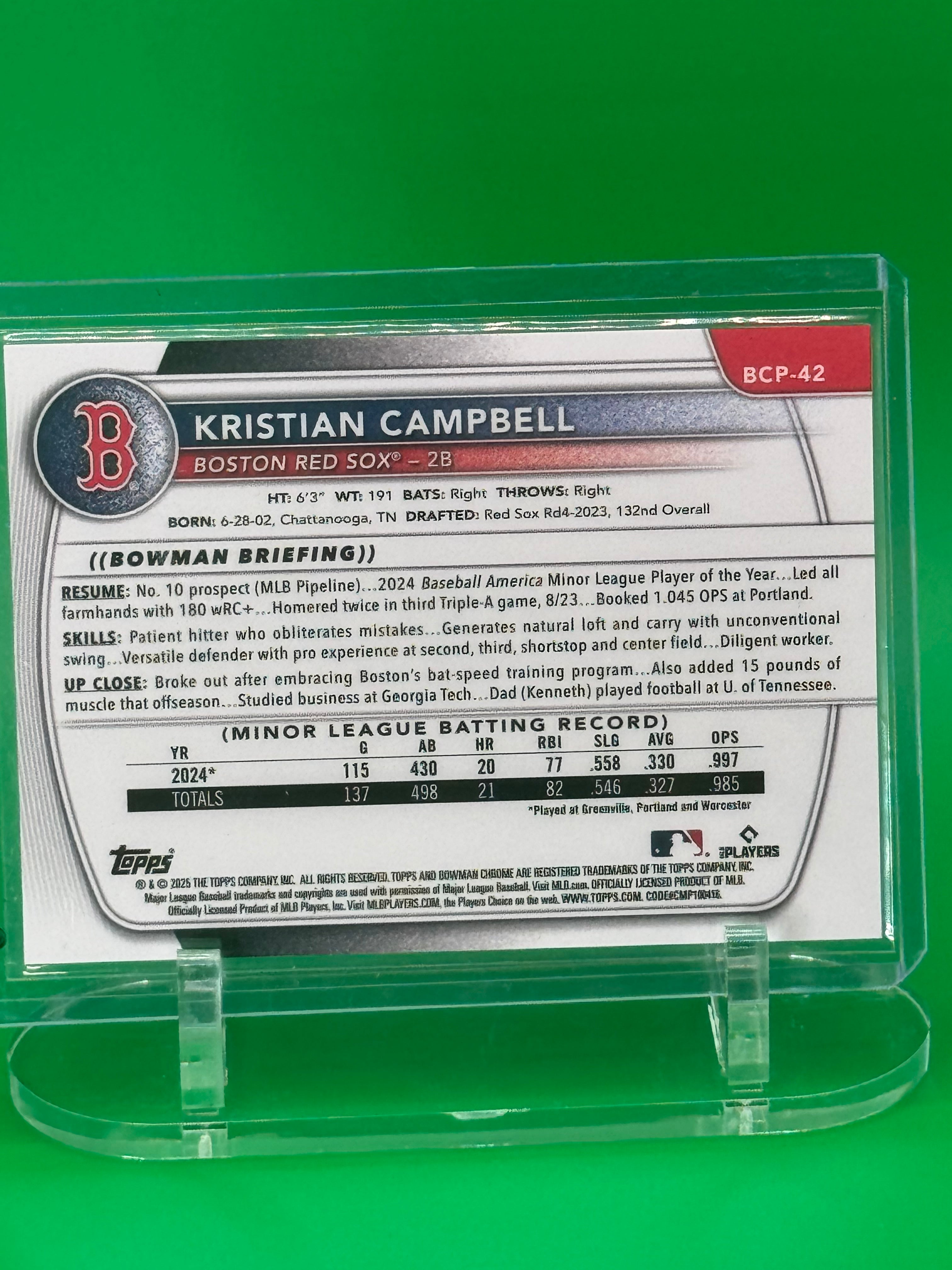 2025 Bowman Chrome Kristian Campbell Blue Refractor #104/150 Boston Red Sox