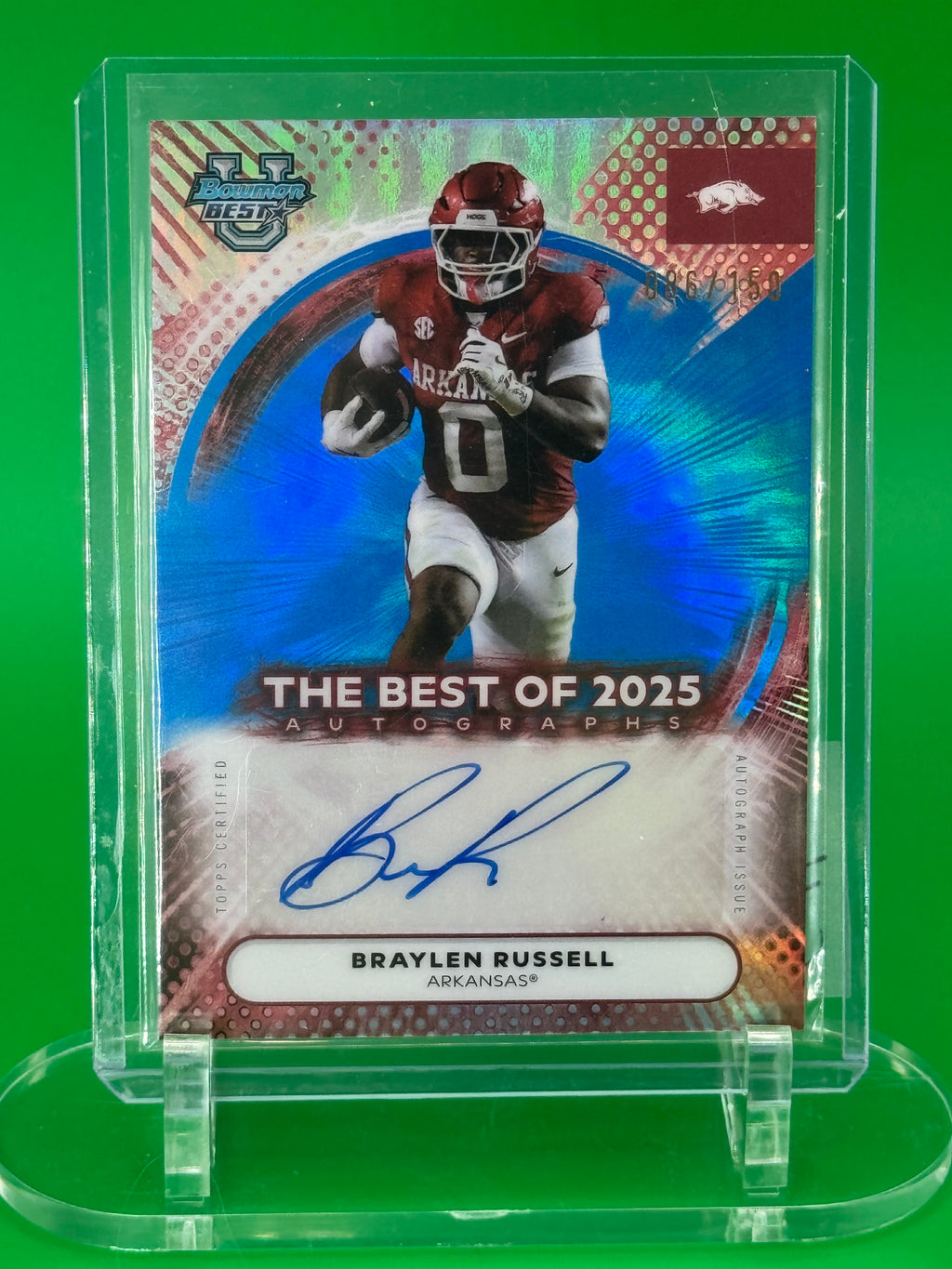 2025 Bowman Best U Brailen Russell Blue Refractor Auto 86/150 Arkansas Razorbacks