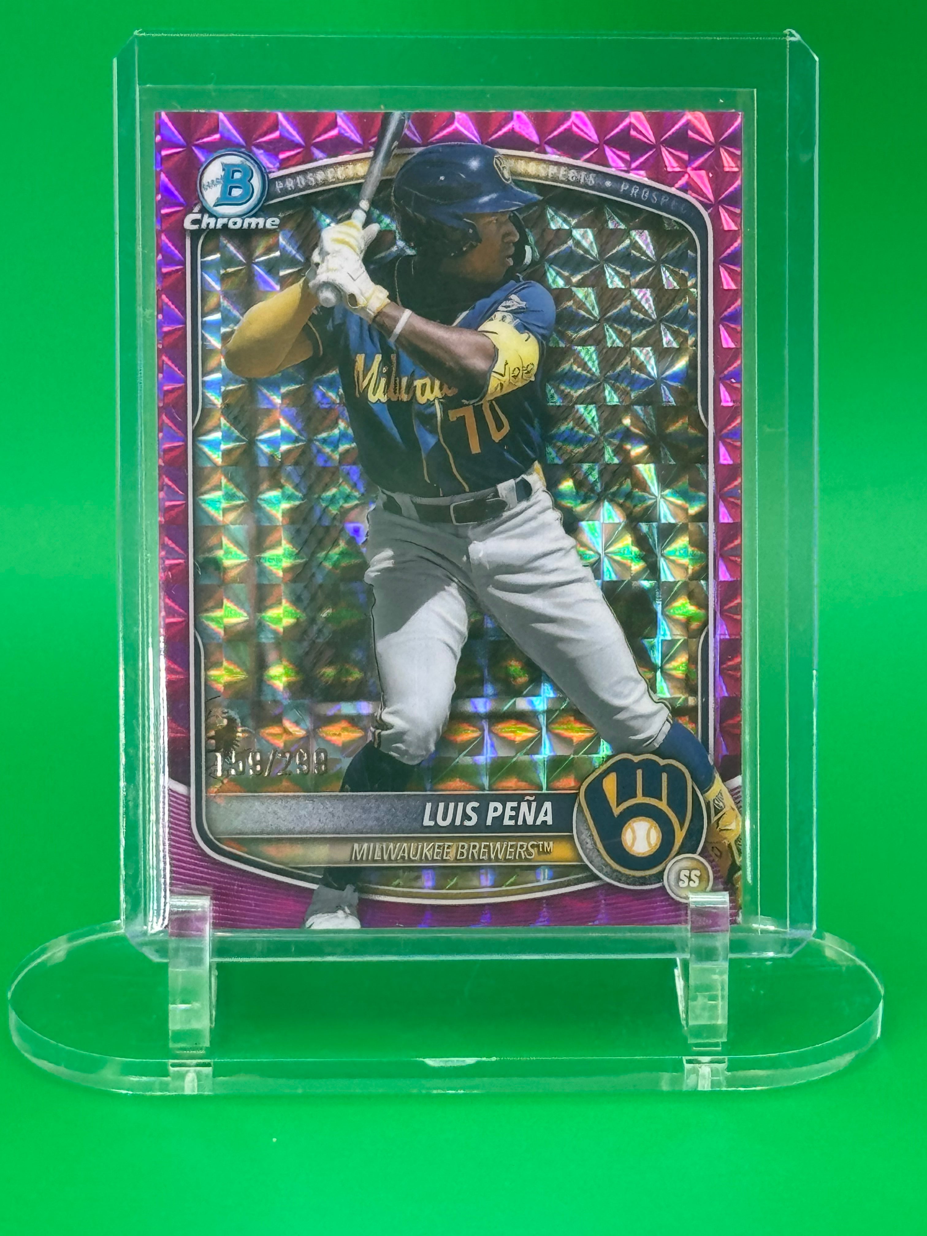 2025 Bowman Chrome Luis Pena Pink Refractor #159/299 Milwaukee Brewers