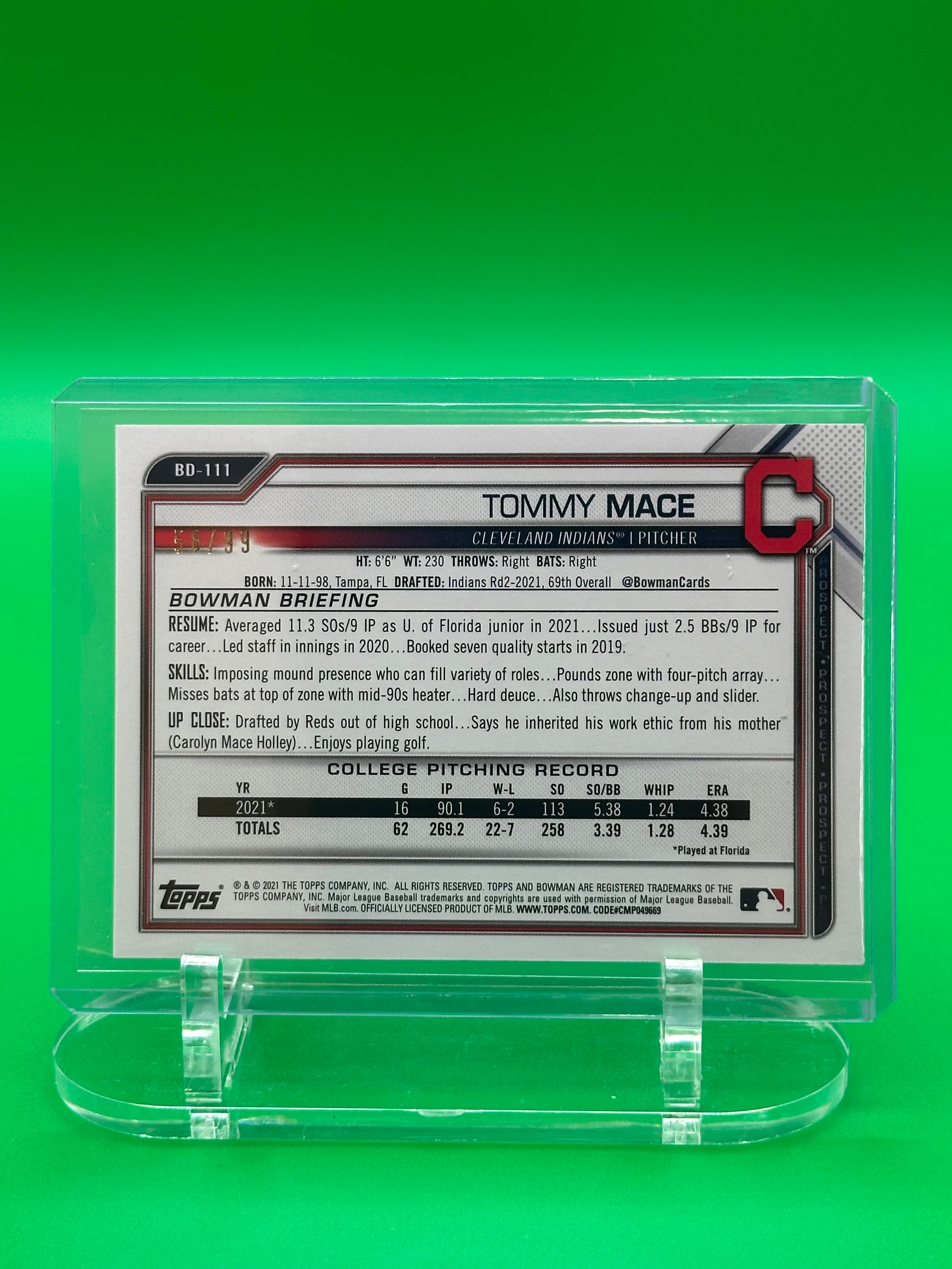 Tommy Mace 2021 Bowman 1st Green Refractor #58/99 Baseball Card