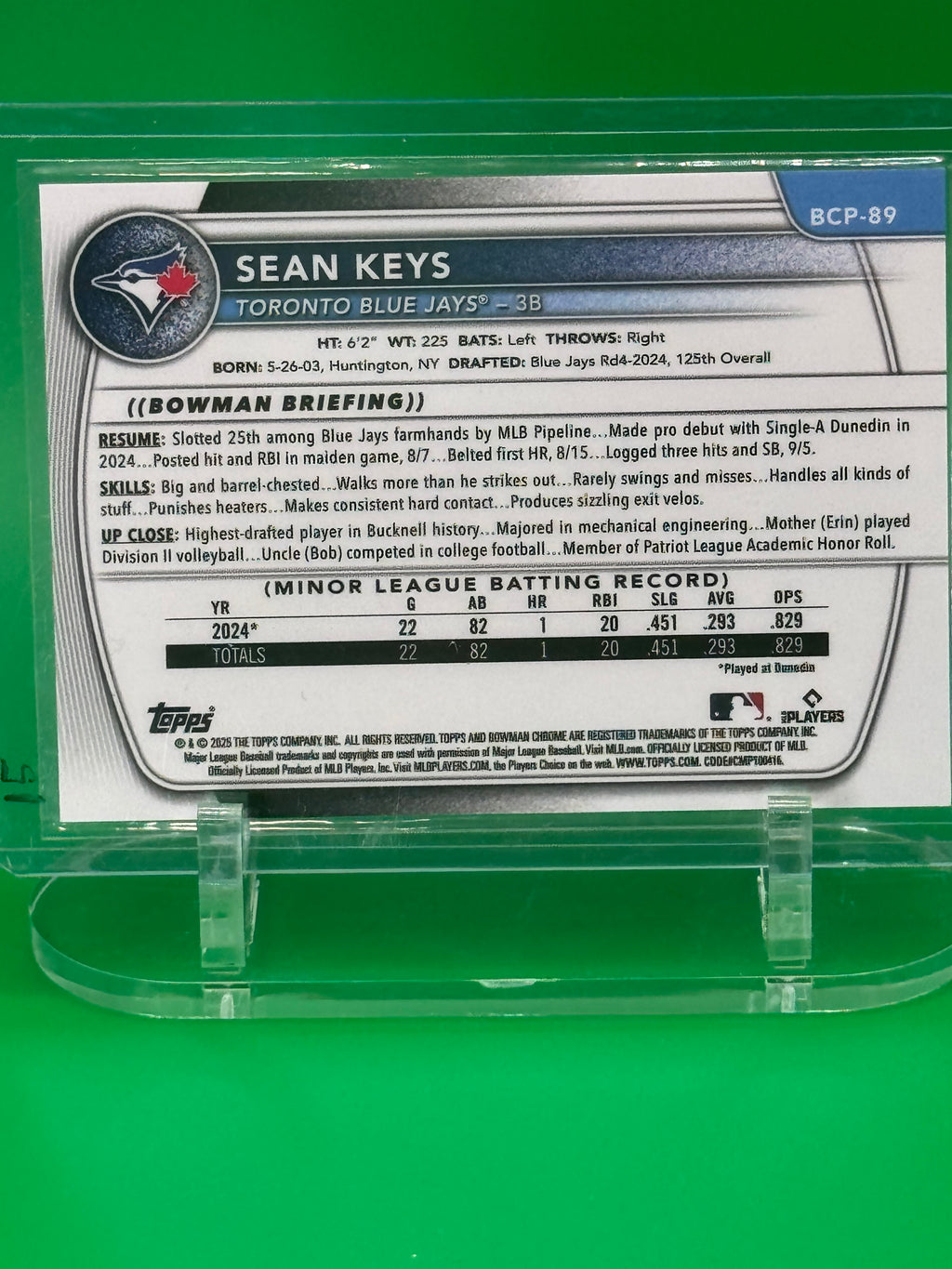 2025 Bowman Chrome Sean Keys Gold Refractor First Bowman #29/50 Toronto Blue Jays