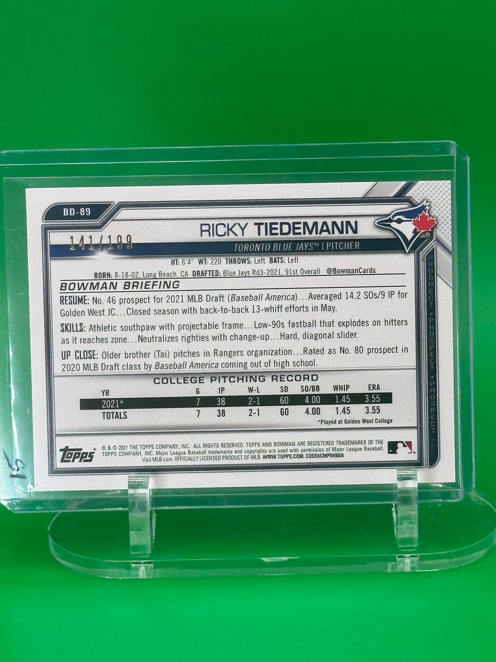 20211st Bowman Ricky Tiedemann Green Parallel #31 Toronto Blue Jays 141/199