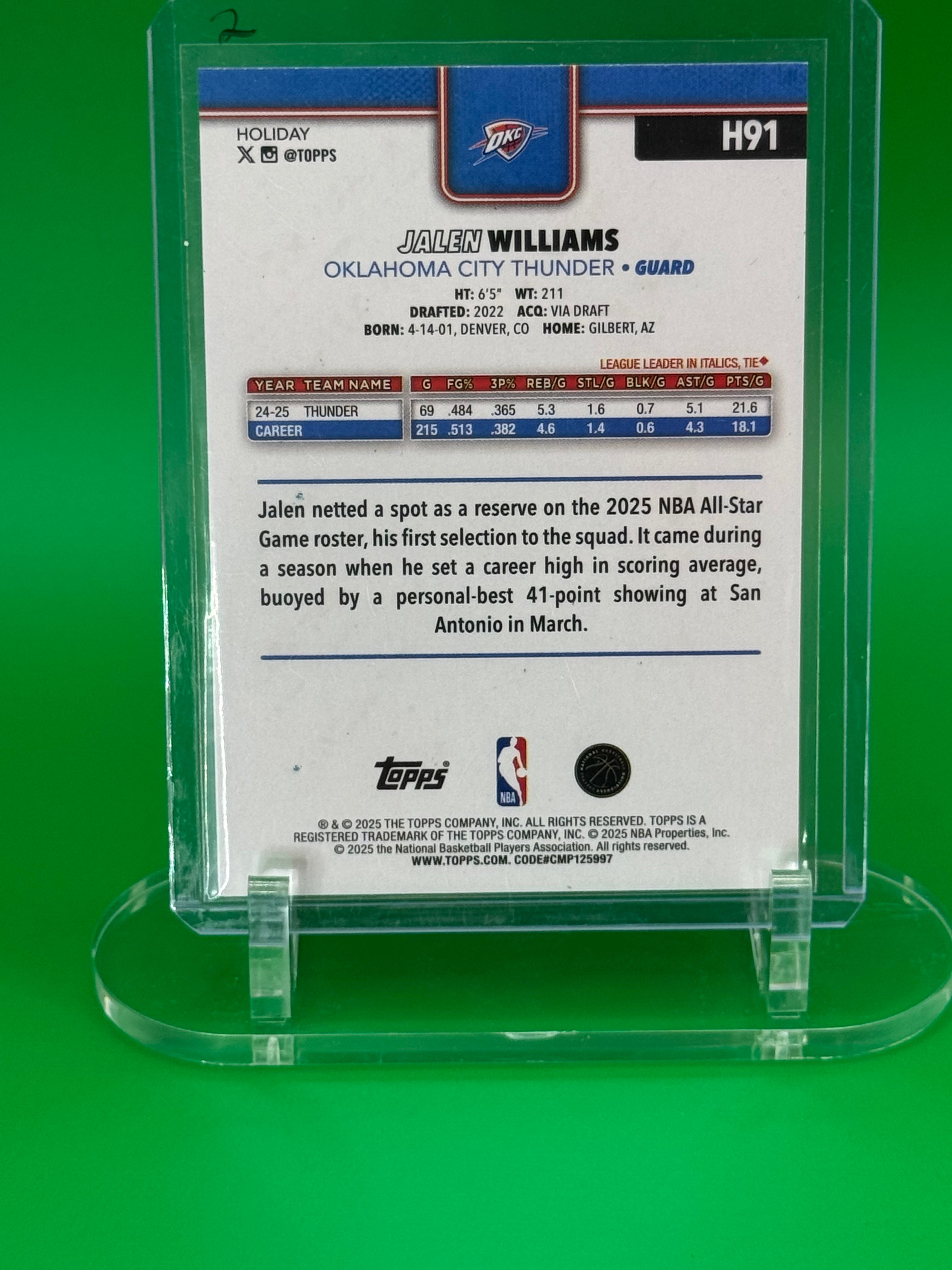 2025 Jalen Williams Topps Thunder Blue Holiday Parallel OKC Thunder NBA Card