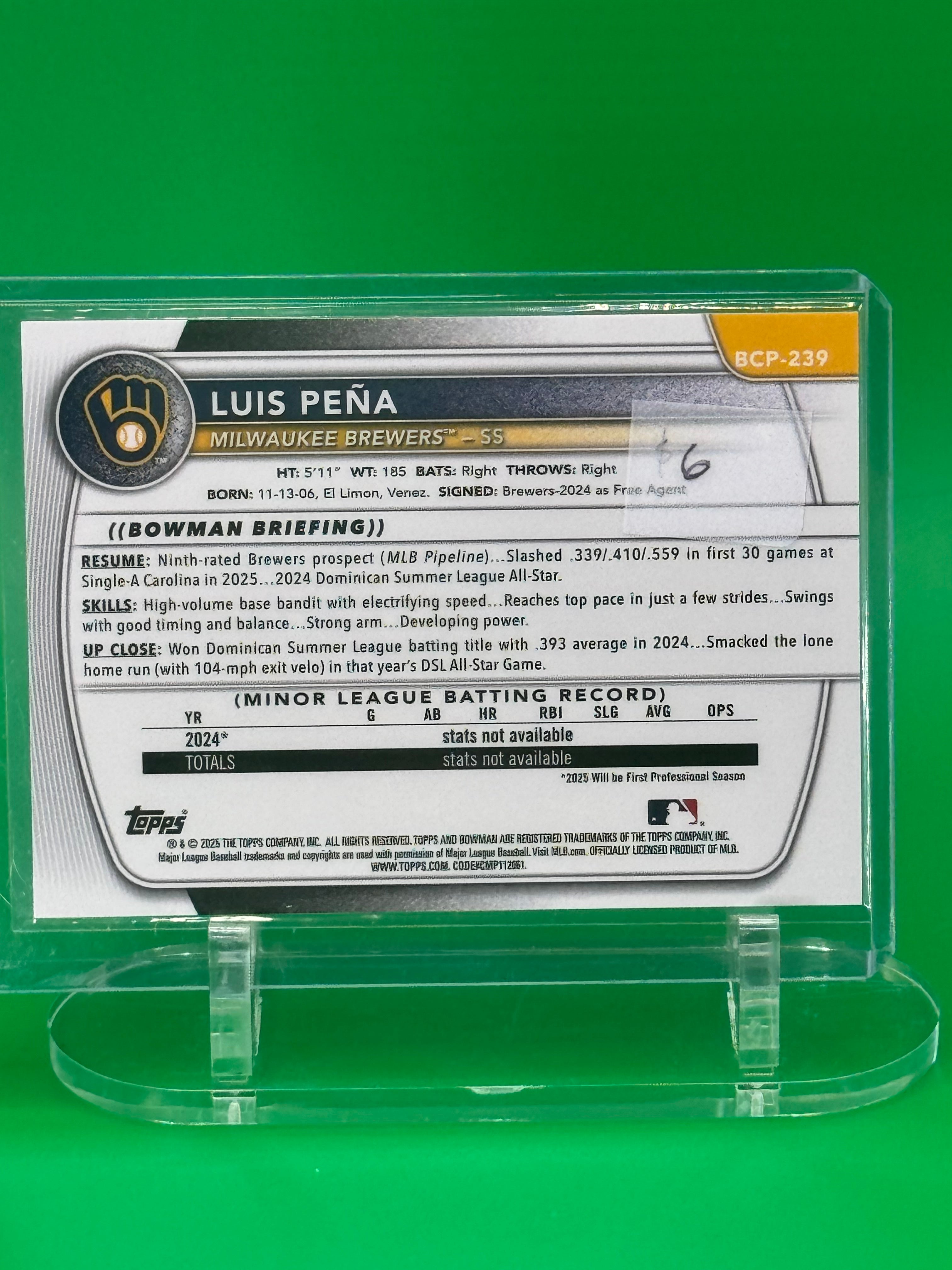 2025 Bowman Chrome Luis Pena Pink Refractor #159/299 Milwaukee Brewers