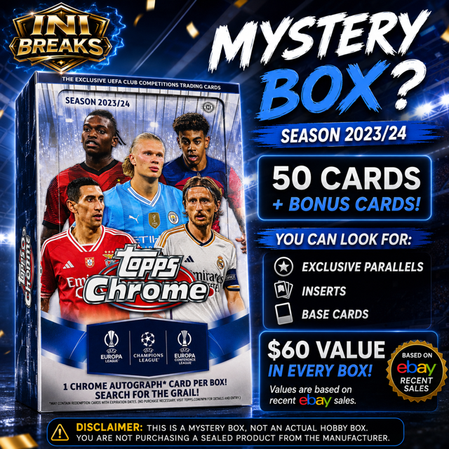 2023/24 Topps Chrome UEFA Soccer Card -INI Collectors Box | 50 Cards + Bonus Cards | Refractors, Inserts & More